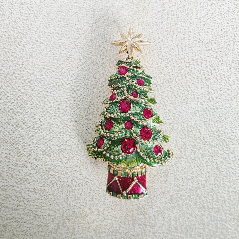 Vintage Christopher Radko Festive Gold Tone Christmas Tree Brooch